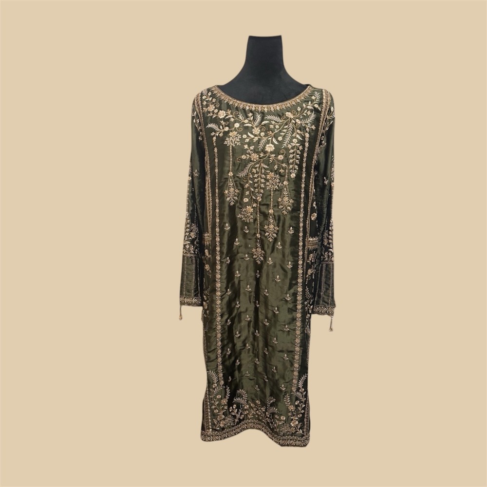 Bin Saeed Tunic Kurta Women Large Olive Green Embroidered Silk Gold Floral EUC